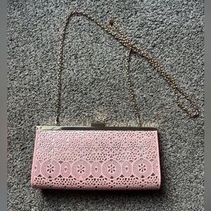 Jessica McClintock Pink Laser-Cut Clutch with Gold Chain